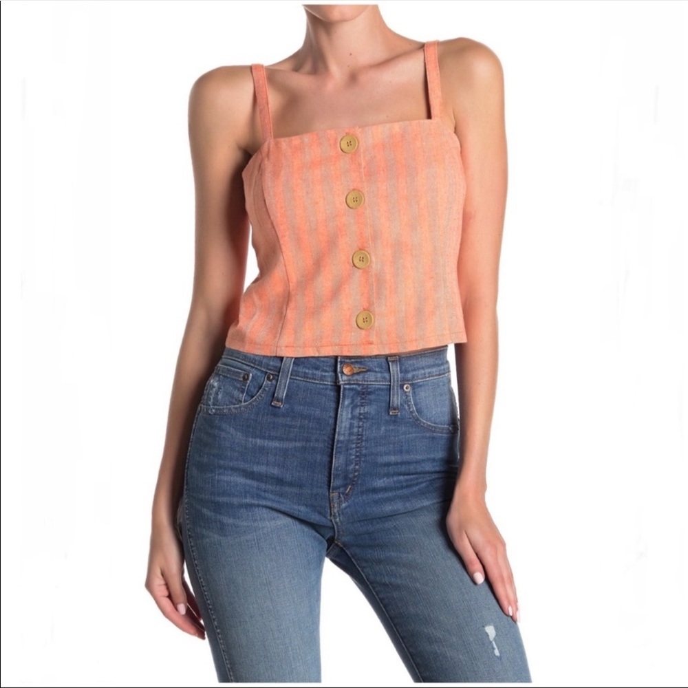 Coral Striped Button Front Top